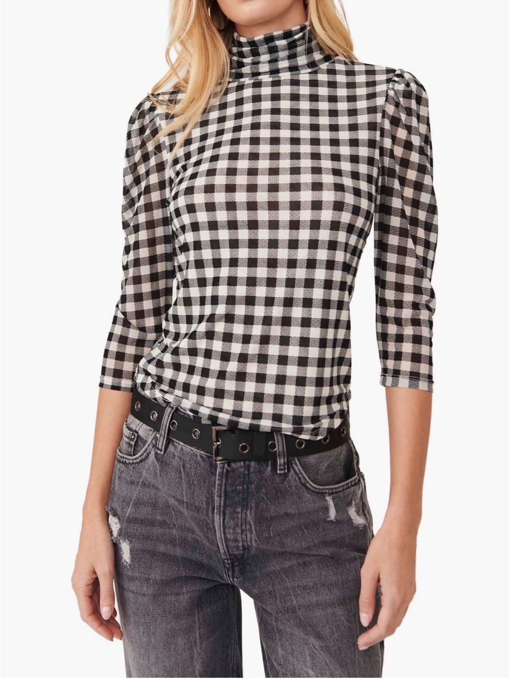 Free People Black & White Gingham sheer Long Sleeve Turtleneck